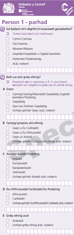 Example of question 15 from the 2011 Census (Welsh)