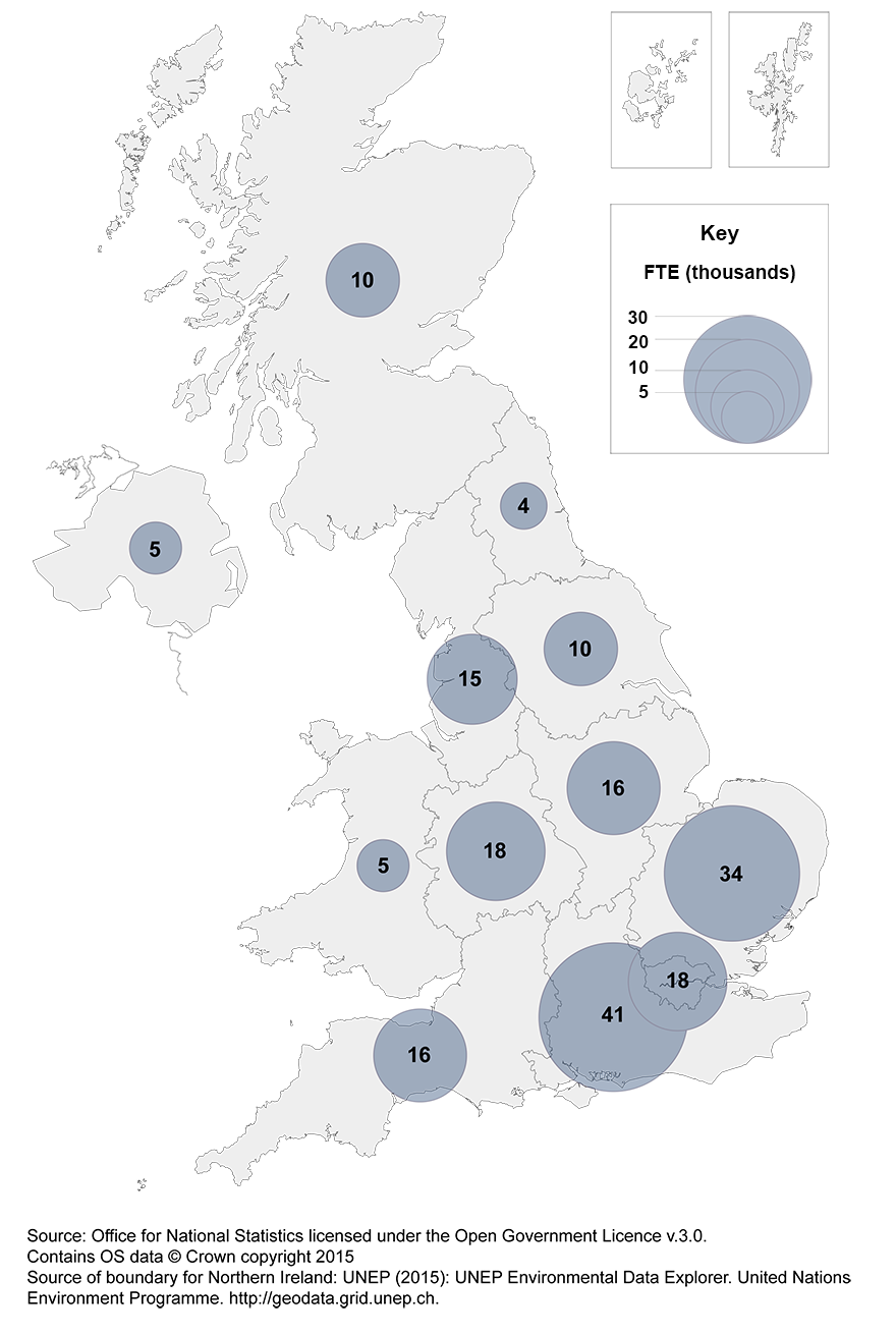 Map 2: Employment in UK businesses on performing R&D, by country or region, 2014