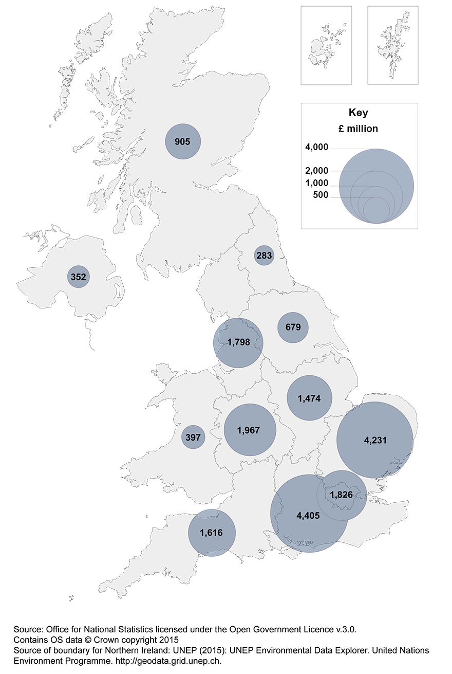 Map 1: Expenditure by UK businesses on performing R&D, by country or region, 2014
