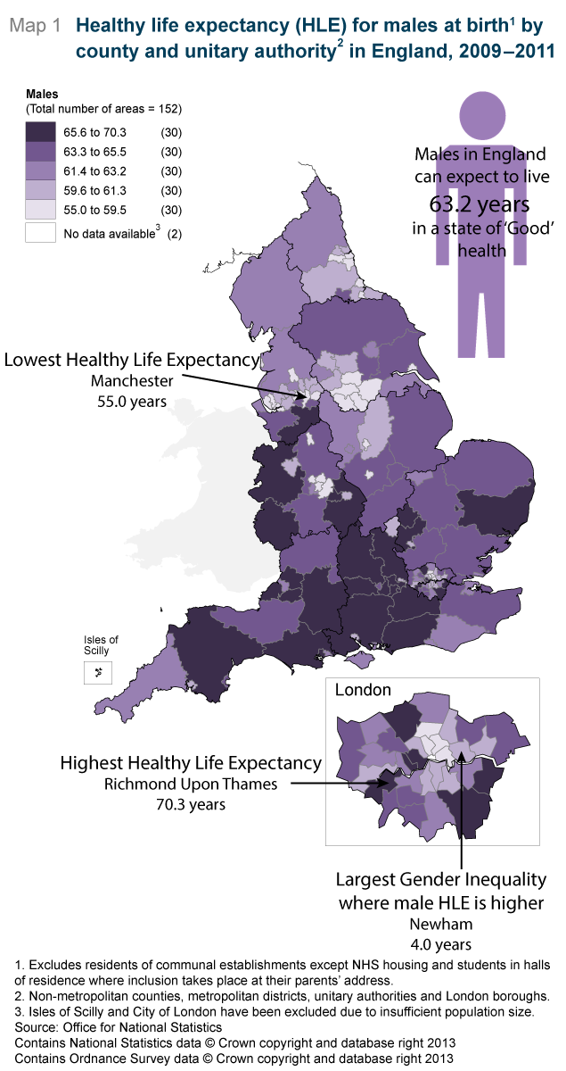 Map 1: Healthy life expectancy (HLE) for males at birth1 by county and unitary authority2 in England, 2009-2011