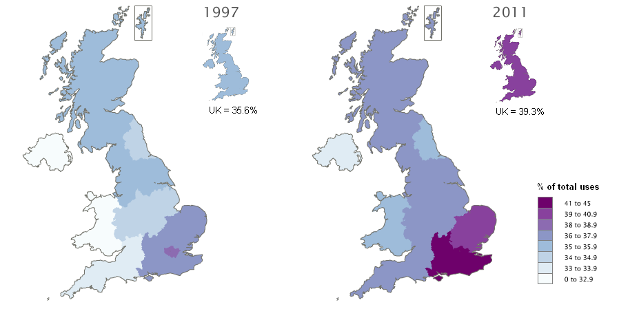 Map 3: Taxes paid as a proportion of total uses, by NUTS1 region