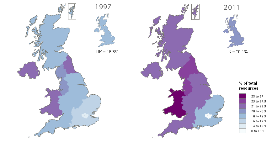 Map 4: Social Benefits and Imputed Social Contributions as a proportion of total resources, by NUTS1 region