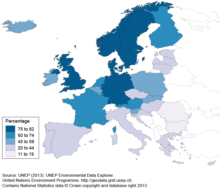 Map 1: Internet purchasing by individuals in the last 12 months by country, 2012