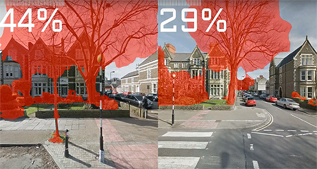 This image shows the left and right section of Cathedral Road in Cardiff, with vegetation values