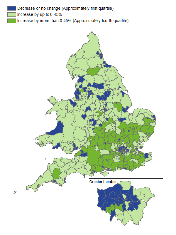 The biggest affect of 'half-weights' redistribution is a reduction of estimates for London local authorities and an increase in estimates across the south and south-east of England. 