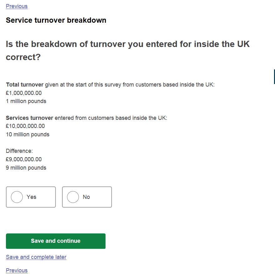 Image showing an example of service  turnover breakdown in the electronic questionnaire.