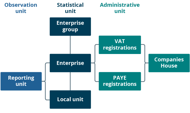Relationship between local units, enterprises, enterprise groups, and reporting and administrative units.