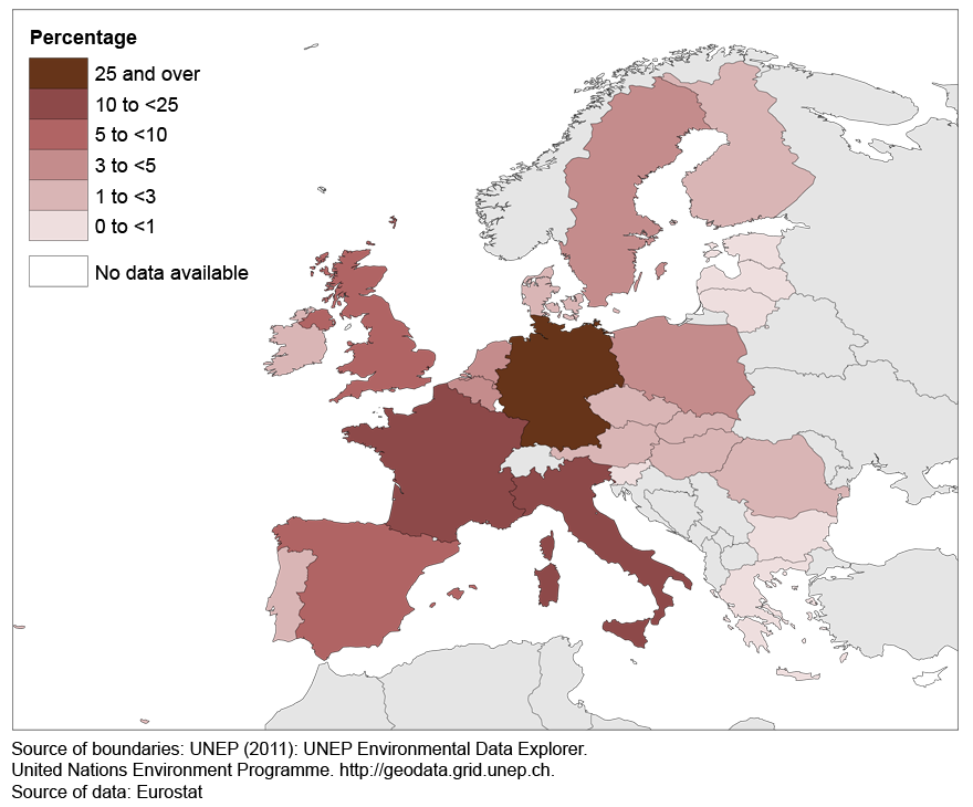 Map 1: EU27 countries share of sold production value