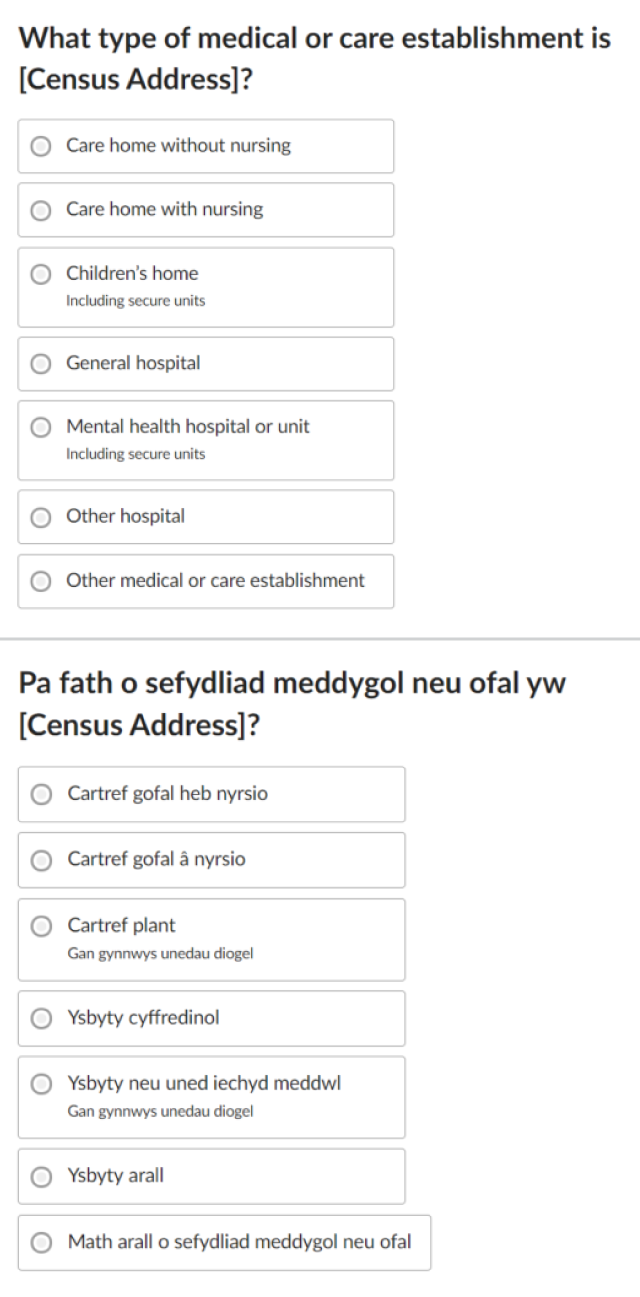 What type of medical or care establishment is [Census Address]? Care home without nursing; Care home with nursing, Children's home; General hospital; Mental health hospital or unit; Other hospital; Other medical or care establishment