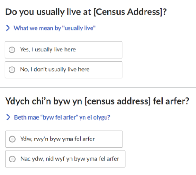 Do you usually live at [Census Address]? What we mean by "usually live". Yes, I usually live here; No, I don't usually live here