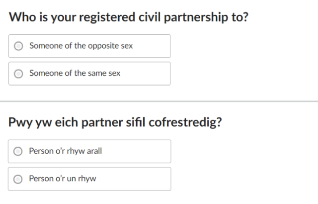 Who is your registered civil partnership to? Someone of the opposite sex; Someone of the same sex