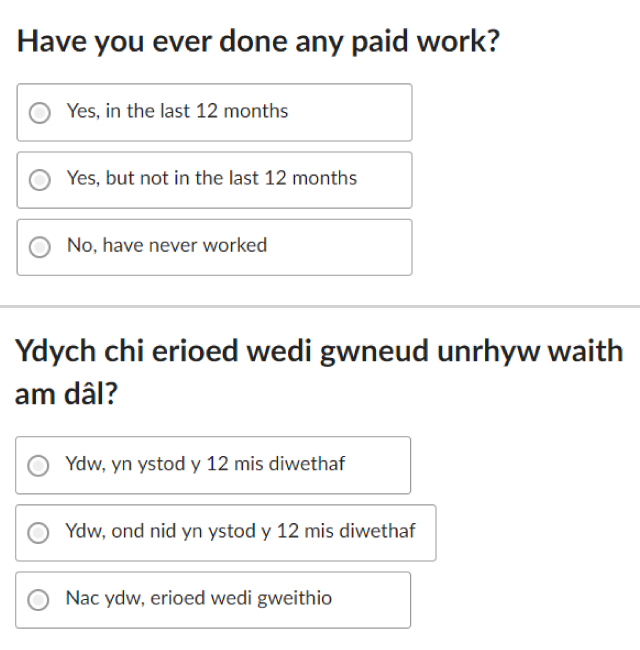 Online question on ever worked in English and Welsh.