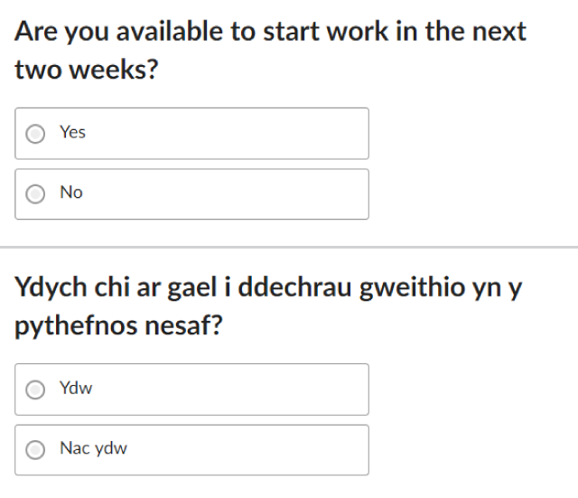 Online question on availability to work in English and Welsh.