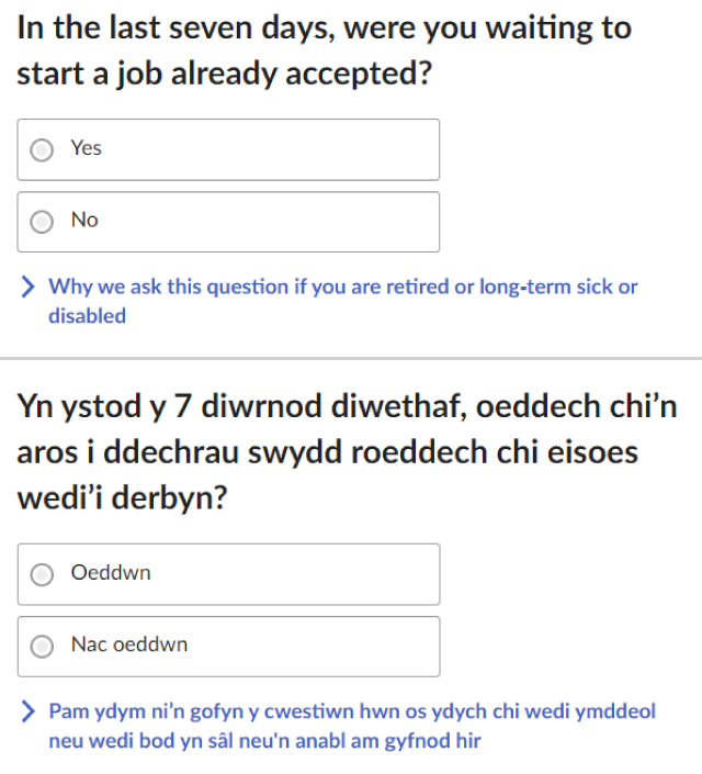 Online question on waiting to start a job in English and Welsh.