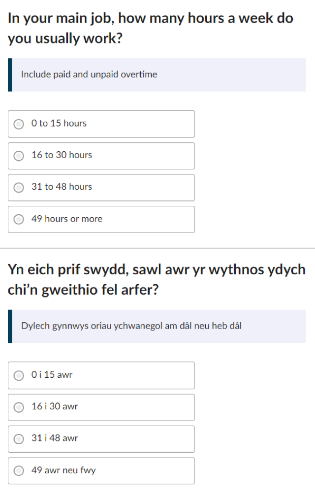 Online question on hours worked in English and Welsh.