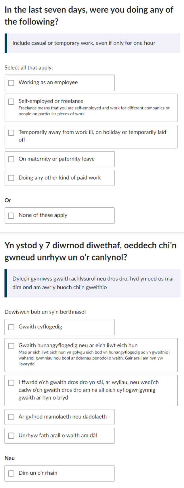 Online question on employment activity last week in English and Welsh.