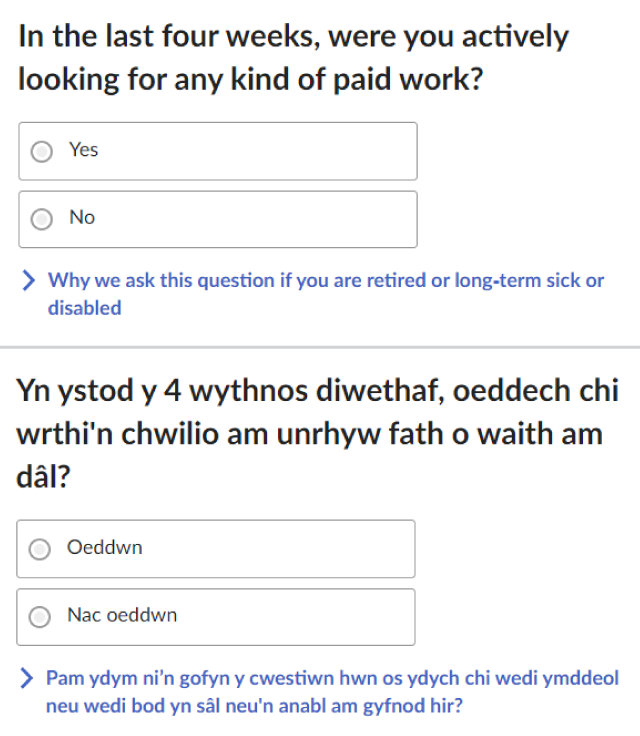 Online question on looking for work in English and Welsh.
