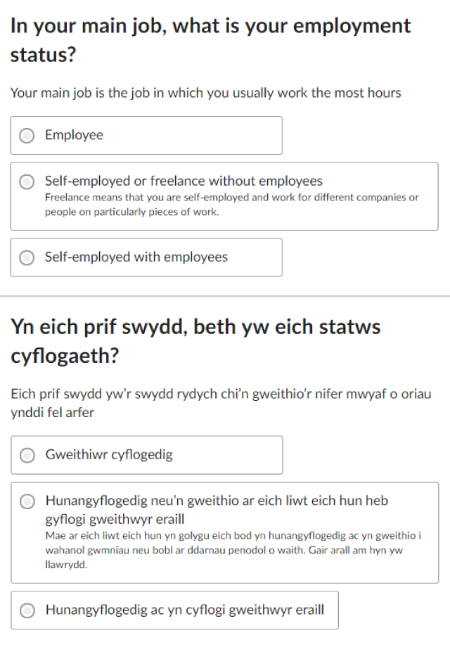 In Online question on employment status, in English and Welsh.
