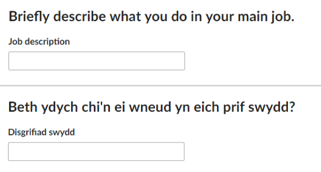 In Online question on description of job, in English and Welsh