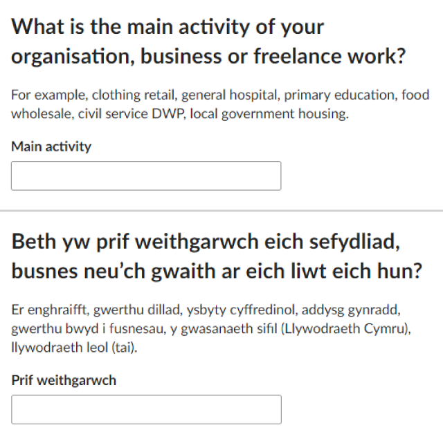 In Online question on main activity of place of work, in English and Welsh