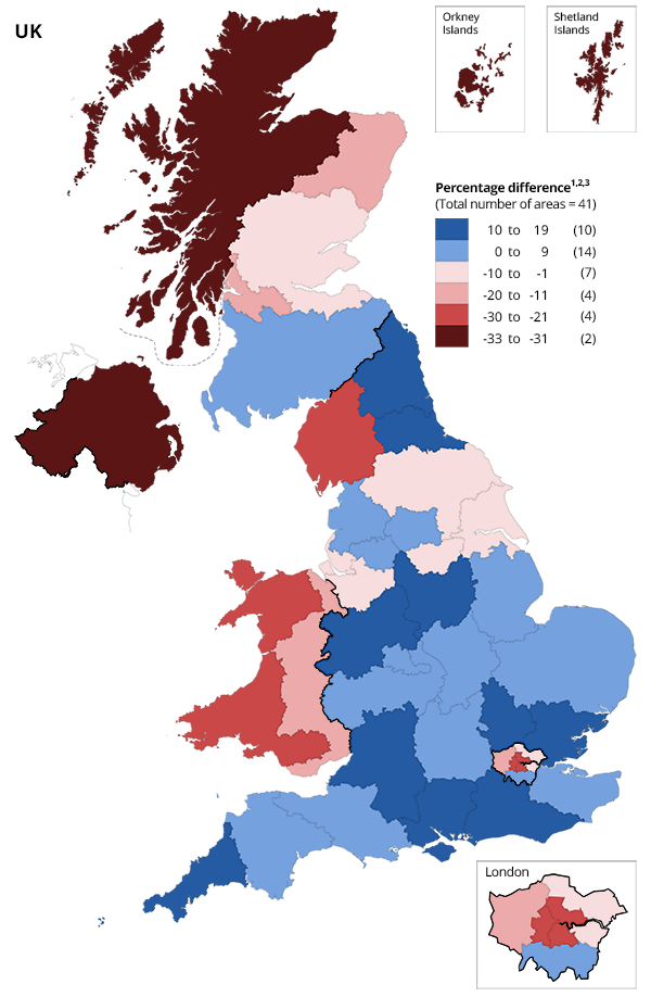 Map showing revisions from the experimental estimates have generally been upwards in Southern England.