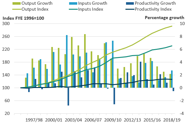 This line and bar chart shows the productivity fall in financial year ending (FYE) 2019 was because of faster inputs growth and slightly slower output growth than observed in FYE 2018.