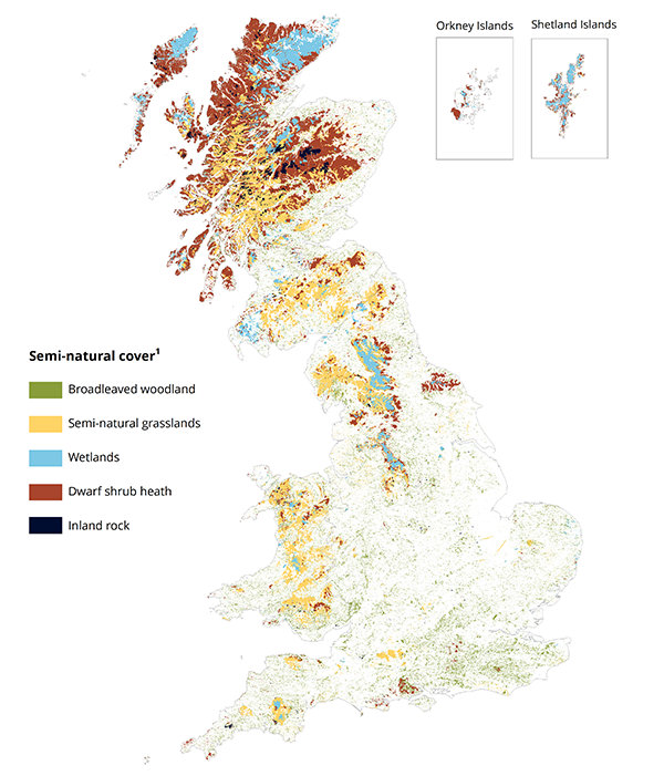 An image showing a map of Great Britain showing inland areas of semi-natural habitat in 2015.