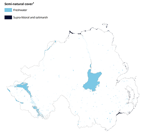 An image showing a map of Northern Ireland showing coastal and inland water areas of semi-natural habitat in 2015.