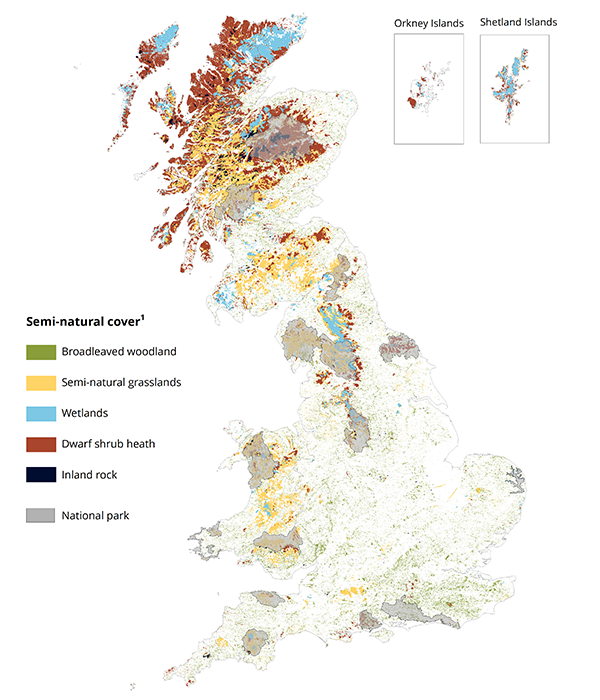 An image showing a map of Great Britain showing National Parks and inland semi-natural habitats.