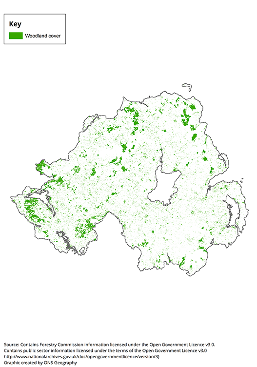 Extent of Northern Ireland woodland, 2018.