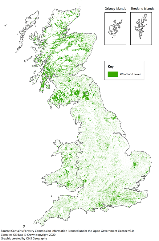 Extent of Great Britain woodland, 2018.