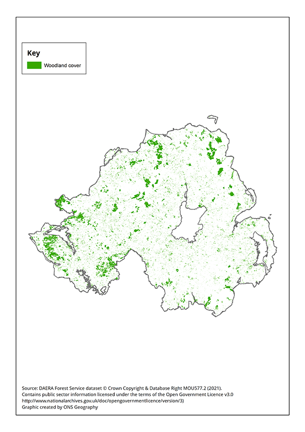 Map showing the extent of woodland in Northern Ireland, 2019. 