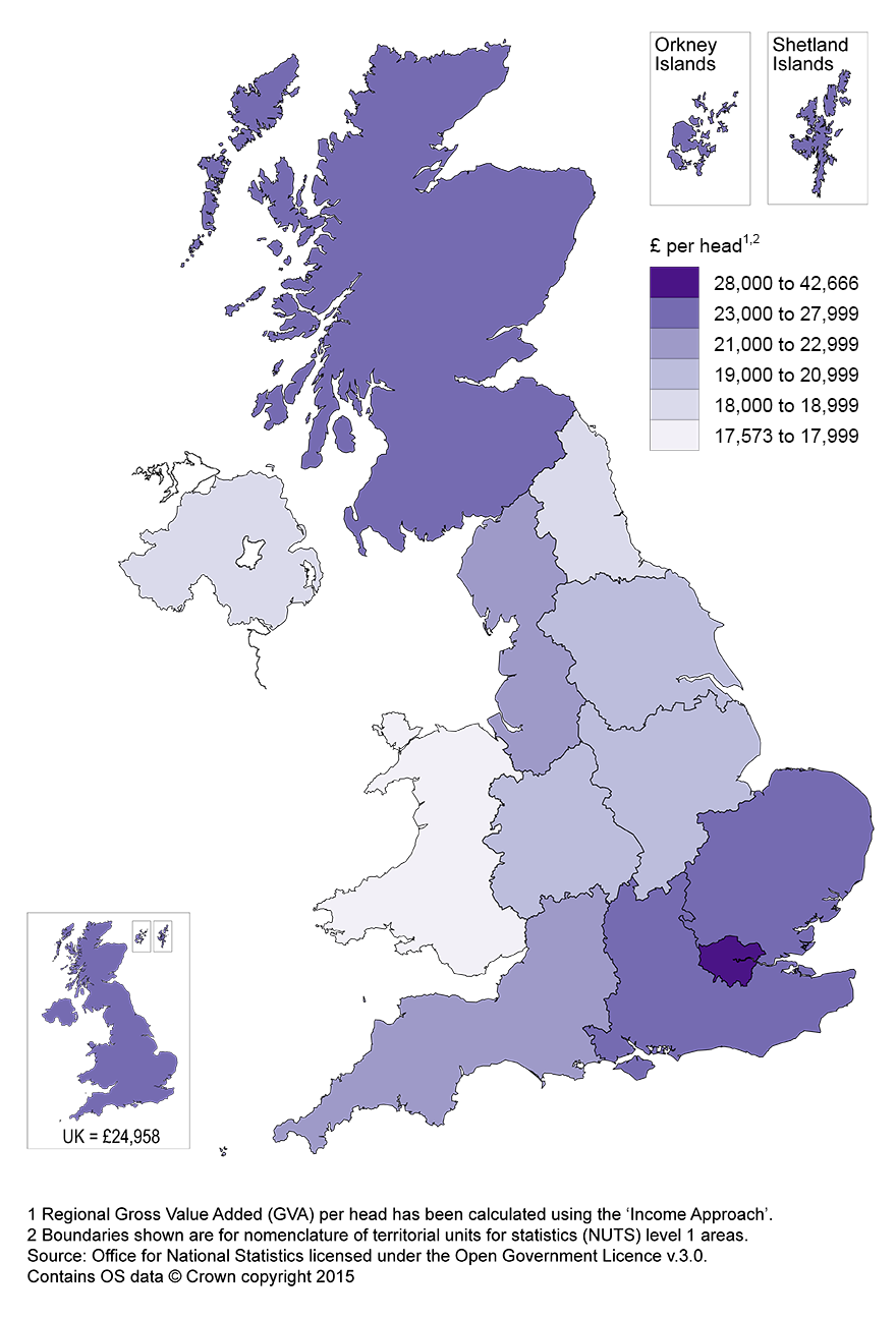 Map 1: Regional GVA per head by NUTS 1 area, United Kingdom, 2014