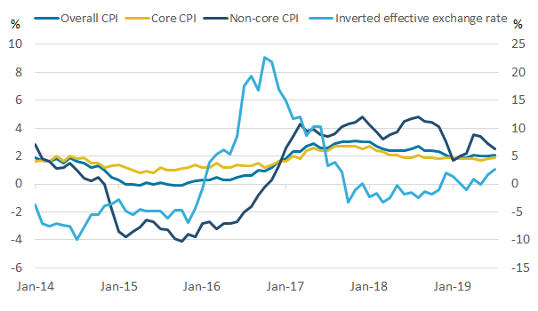 Non-core CPI follows the exchange rate more closely than HICP.