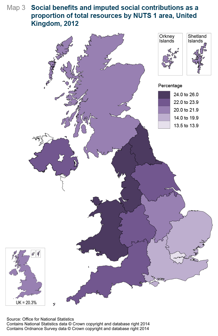 Map 3: Social benefits and imputed contributions as a proportion of total resources 2012, by NUTS1 region