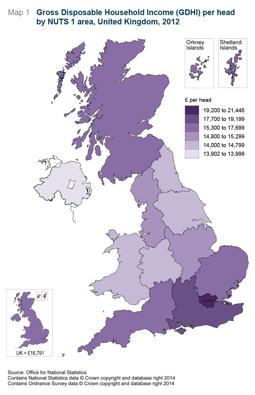 Map 1: Regional GDHI per head UK map, 2012