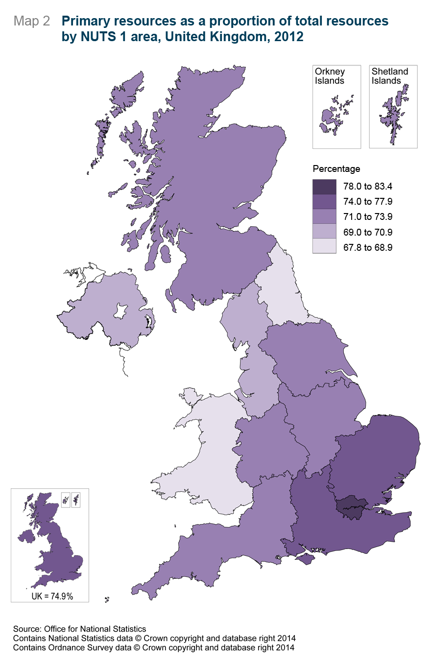 Map 2: Primary resources as a proportion of total resources 2012, by NUTS1 region