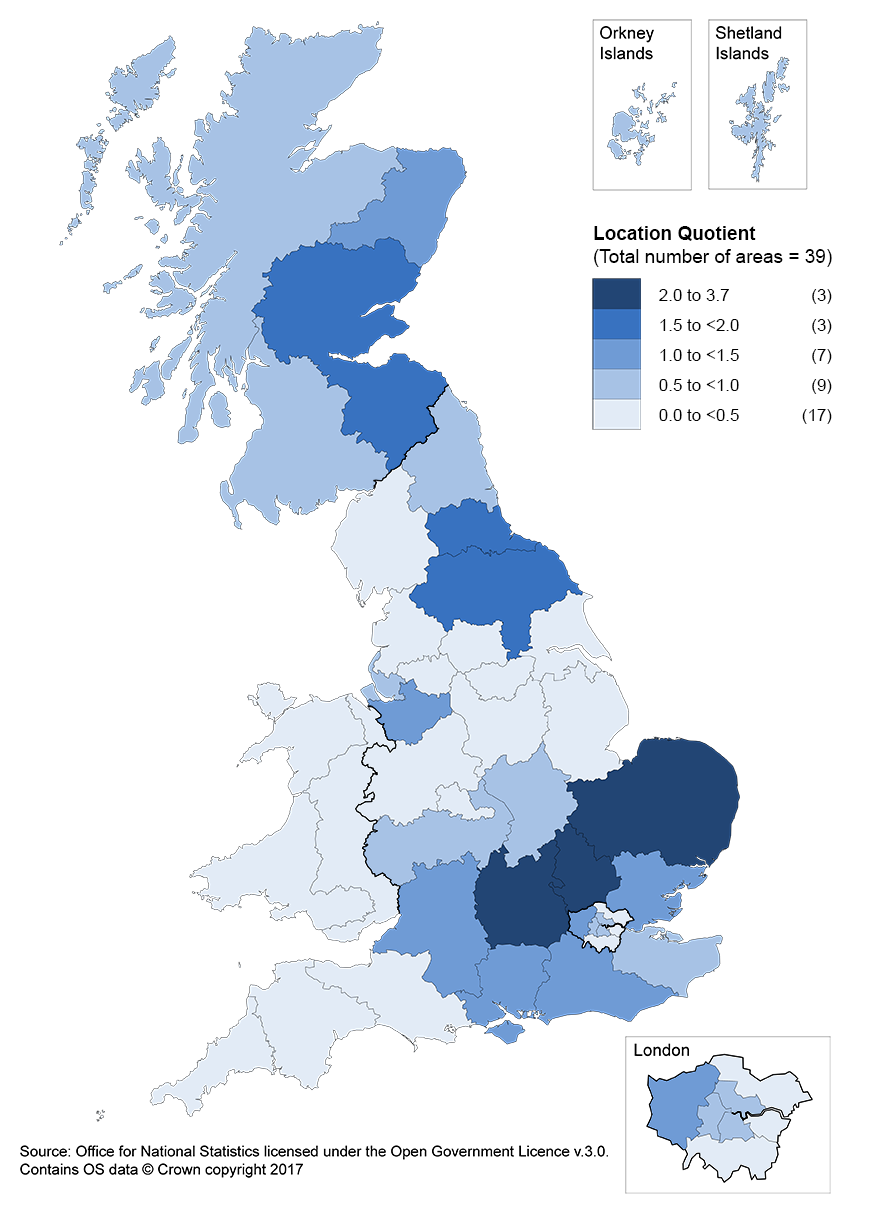 Employee jobs in scientific research and development were clustered around the South East and East of England