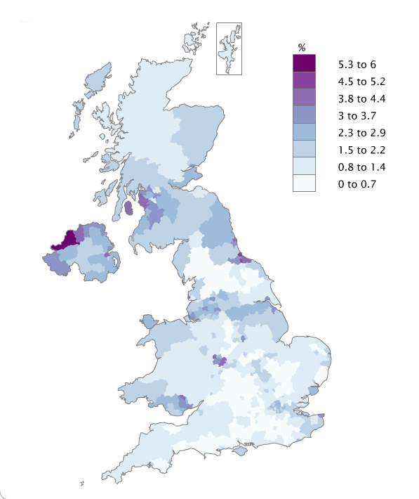 Claimant Count rates by local authority varied between Stratford-on-Avon, Hart in Hampshire and Mid Sussex, all at 0.4%, and Derry City and Strabane, at 5.9%,(excluding Isles of Scilly)
