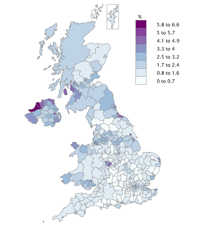 Claimant Count rates by local authority varied between Stratford-on-Avon and Hart in Hampshire 0.4% and Derry City and Strabane 6.4% (excluding Isles of Scilly)
