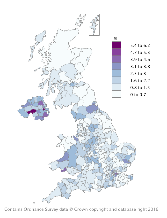Claimant Count rates by local authority varied between Stratford-on-Avon, Hart in Hampshire and Surrey Heath 0.4% and Derry City and Strabane 6.1% (excluding Isles of Scilly)