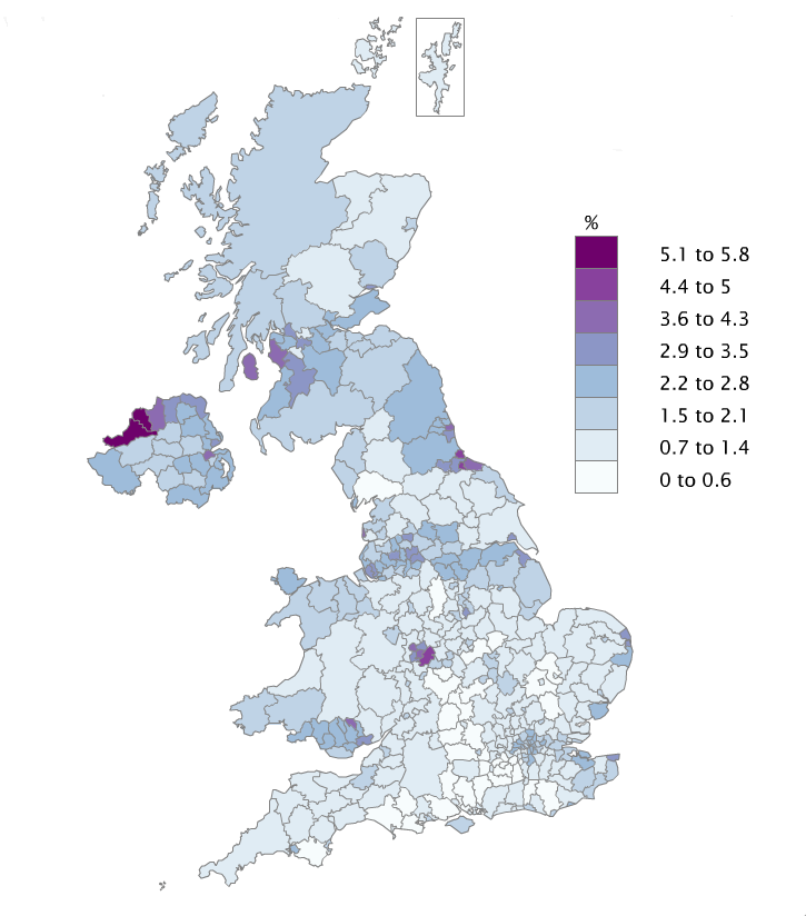 Claimant Count rates by local authority varied between Stratford-on-Avon and Hart in Hampshire 0.4% and Derry City and Strabane 5.6% (excluding Isles of Scilly)