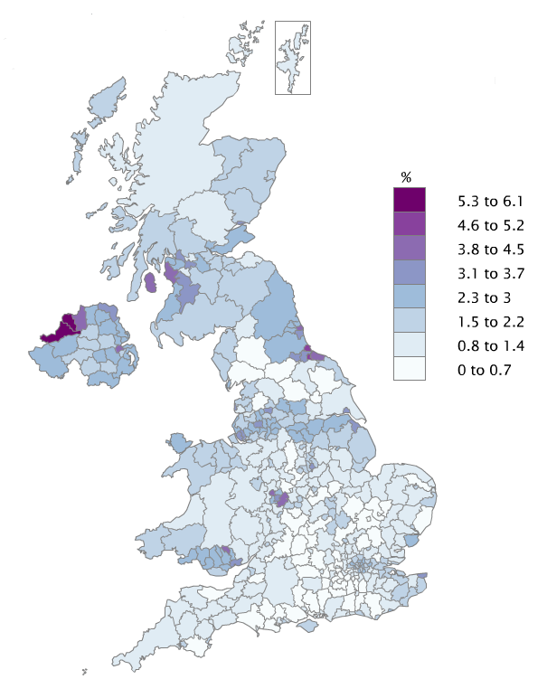 Claimant Count rates by local authority varied between Stratford-on-Avon, Hart and Sutton in London at 0.4%, and Derry City and Strabane, at 5.8%,(excluding Isles of Scilly)