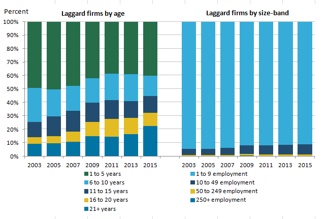 Laggards are most commonly young and the vast majority are small firms.
