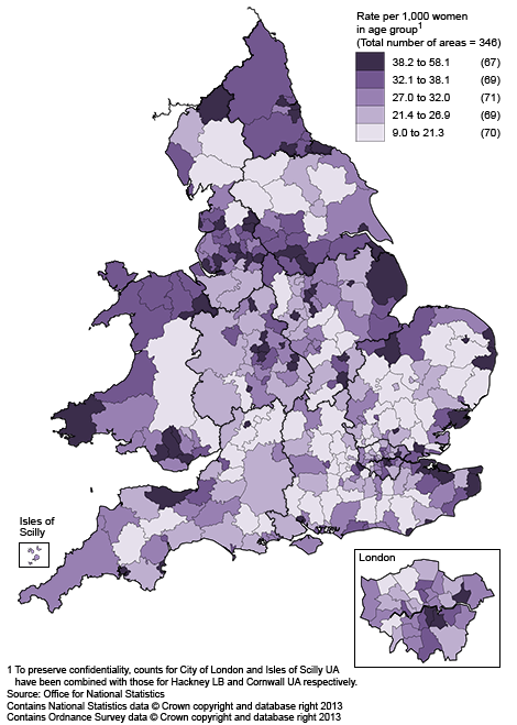 Figure 6: Under 18 conception rates by local authority, 2011
