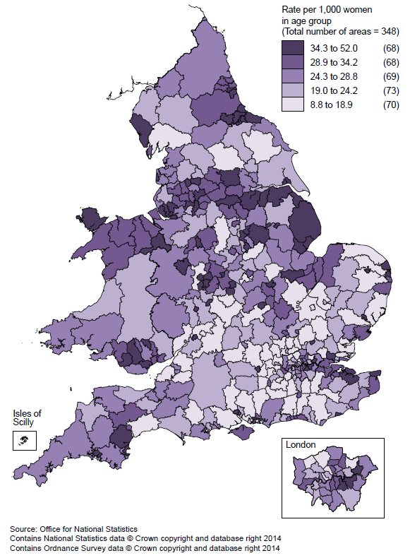 Figure 6: Under 18 conception rates by local authority, 2012