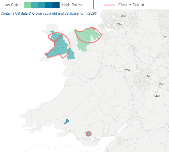 Map showing that towards the end of the first wave, clusters of unexplained higher mortality in Wales were small and scattered.