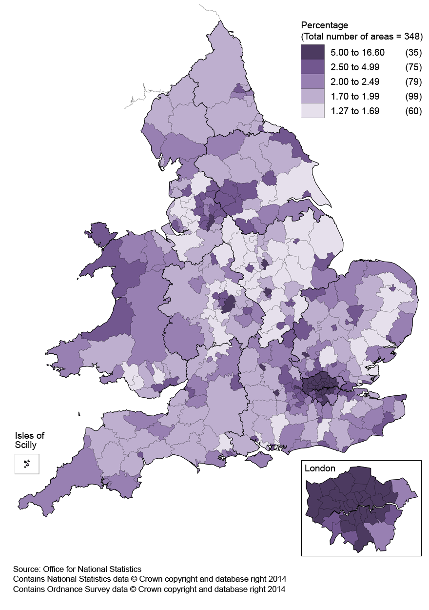 Map 1: Percentage of the married population aged 16 and over who were not living in a couple (not separated); local authorities, 2011 