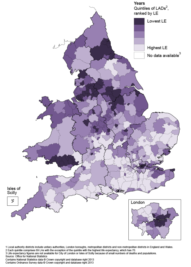 Map 3: Life expectancy (LE) for males at age 65 by local authority district in England and Wales, 2009–11