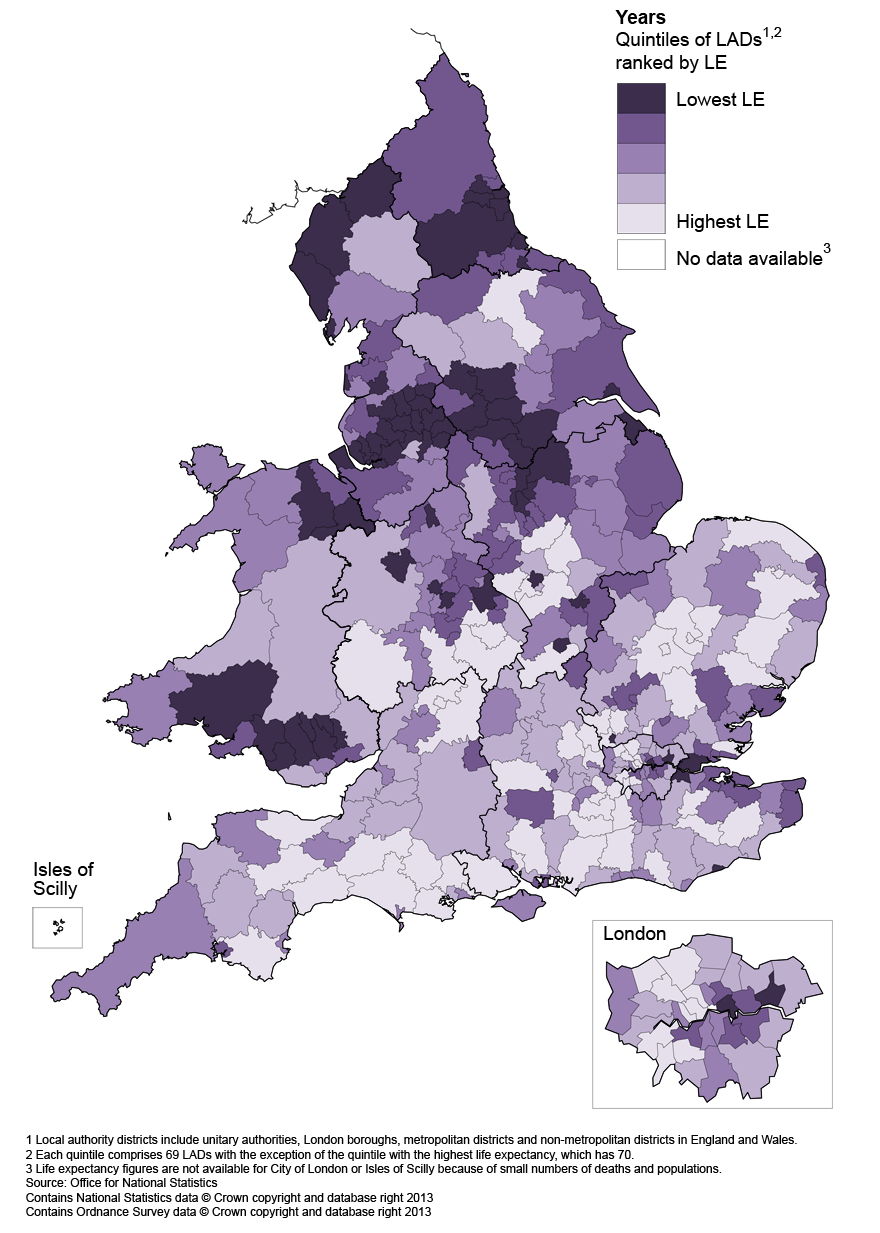 Map 4: Life expectancy (LE) for females at age 65 by local authority districts in England and Wales, 2010–12